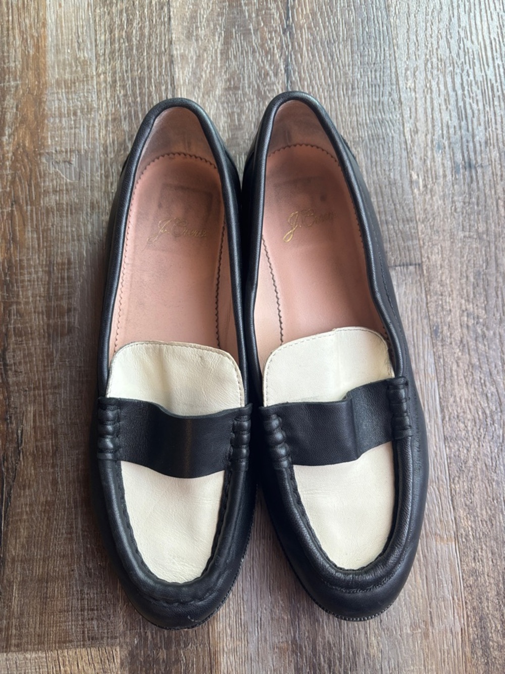 J. Crew Black and Cream Leather Penny Loafers